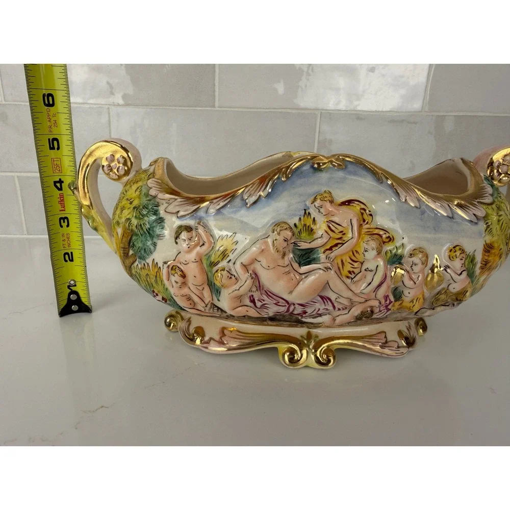 Capodimonte Italy Ceramic Centerpiece Bowl Relief Mythological Cherub Gold Gilt